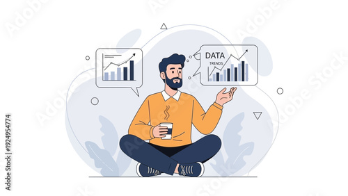 Man analyzing data charts, business growth, strategy, and investment concept illustration