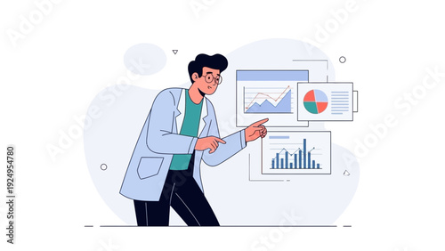 Man Analyzing Financial Charts and Data Reports on Screen