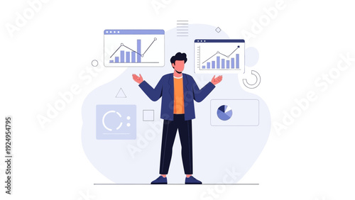 Man analyzing financial charts and data with graphs and pie charts