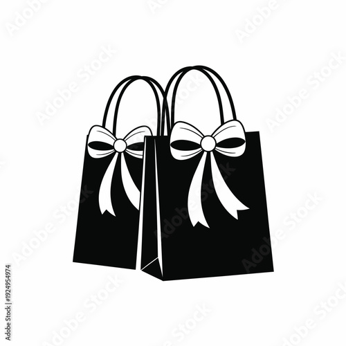 Two black shopping bags adorned with elegant white bows on handles isolated on white background, Vector, illustration
