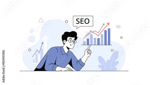 Man analyzing upward trending stock market graph with SEO concept