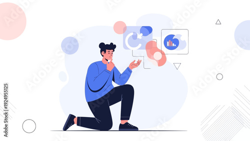 Man contemplating abstract data visualizations and geometric shapes, modern flat design.