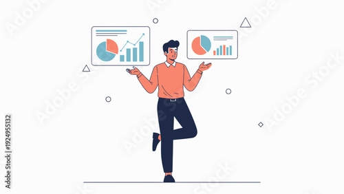 Man Balancing Charts Showing Growth and Decline, Data Analysis Concept