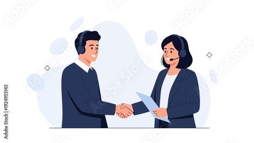 Business handshake and collaboration with headset support team