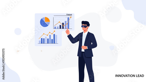 Man in VR headset analyzes financial charts and graphs with futuristic technology