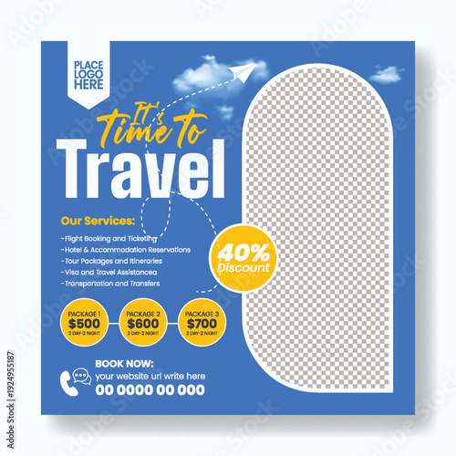 Travel Agency Social Media Post Template for Summer Vacation Packages, Hotel Resort Booking, Study Abroad Promotions, Holiday Tours, Tourism Advertising, Square Flyer Poster, Modern Promo Design