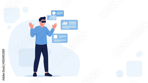 Man in VR headset interacting with digital interfaces, augmented reality concept