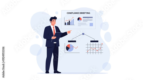 Business Man Presenting Compliance Briefing with Charts and Graphs