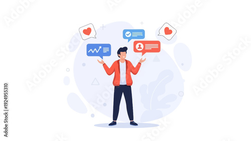 Man Juggling Social Media Icons and Analytics Bubbles - Digital Marketing Concept