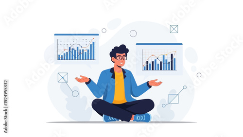Man Meditating Near Financial Charts, Data Analysis and Growth Concept