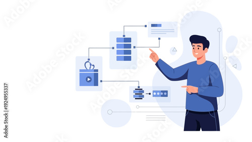 Man pointing at data flow diagram, business process visualization, concept of workflow