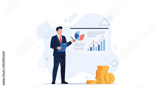 Business man presenting financial data with charts and coins on white background