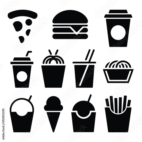 Assorted black and white icons of popular fast food items and beverages isolated on white background, Vector, illustration