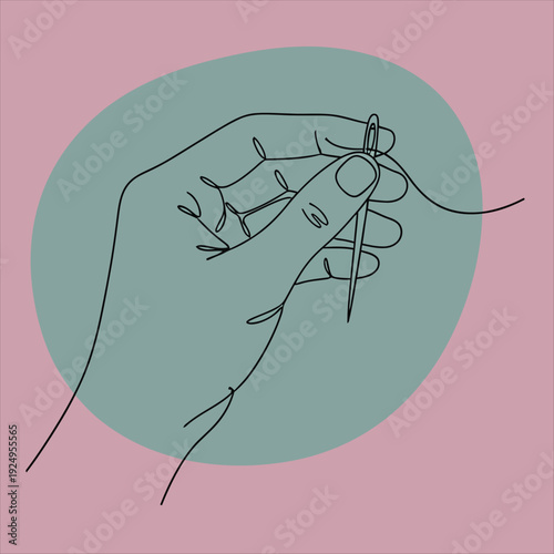 Hand holding knitting needles with yarn on a pastel background illustrating a creative hobby or craft concept
