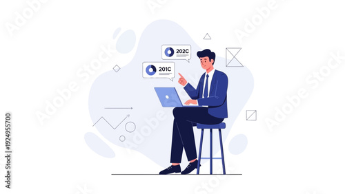 Businessman analyzing data on laptop, comparing years 2020 and 2019