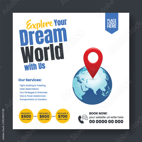 Modern travel agency social media post advertising design for travel hotel resort online booking flight ticket tour package summer holiday vacation promo tourism promotion square flyer poster design