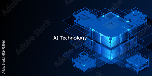 Abstract blue isometric grid with glowing cubes and ai technology text