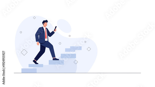Businessman climbing stairs holding smartphone, career progress concept