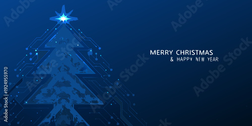 A futuristic christmas tree with glowing star and holiday greetings