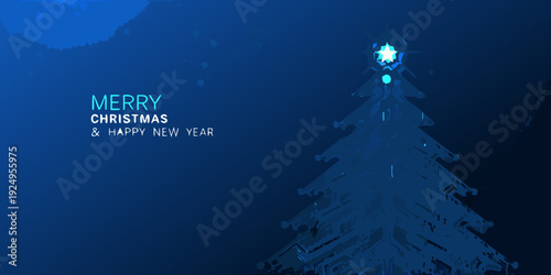 Digital christmas tree with festive text on a dark blue background