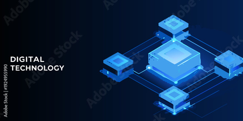 Abstract digital technology background with glowing isometric cube network