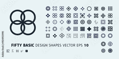 Collection of fifty basic design shapes in a minimalist vector style