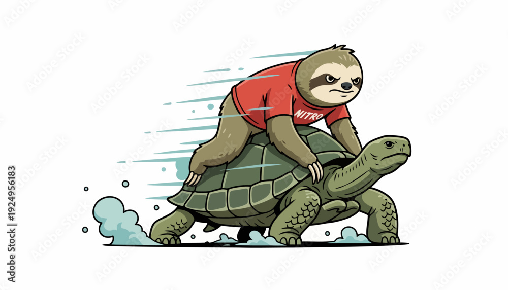 Fototapeta premium Sloth Riding Fast Turtle Cartoon Illustration.