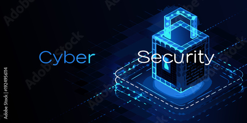 Isometric illustration depicting a glowing lock representing cybersecurity concepts