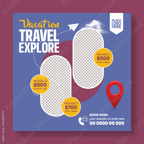 travel agency social media post advertising design featuring travel hotel resort online booking flight ticket tour package summer holiday vacation tourism promotion square flyer poster template