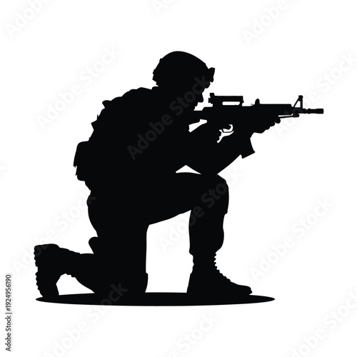 Silhouette of a soldier kneeling while aiming a rifle in combat stance isolated on white background, Vector, illustration