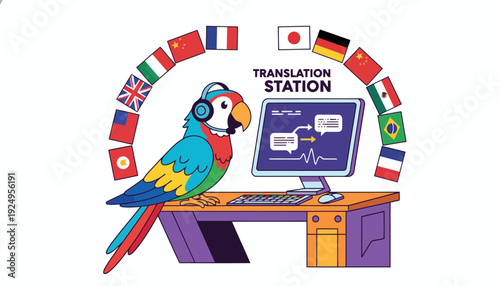Colorful parrot wearing headphones at a translation station with international flags.