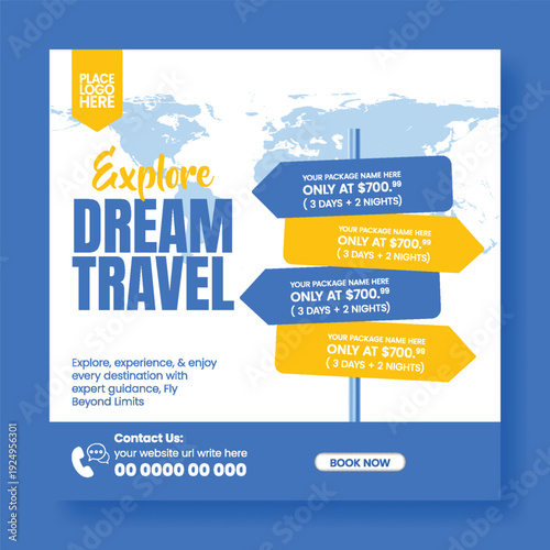travel agency social media post promo advertising design for travel hotel resort online booking flight ticket tour package summer holiday vacation tourism promotion square flyer poster design