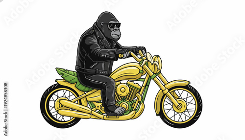 Cool Gorilla Riding Motorcycle with Sunglasses and Leather Jacket.