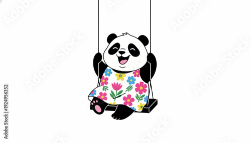 Adorable panda swinging happily in a colorful floral dress.