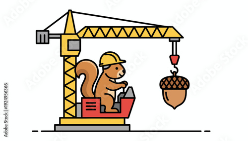 Squirrel Operating Construction Crane Lifting Acorn.