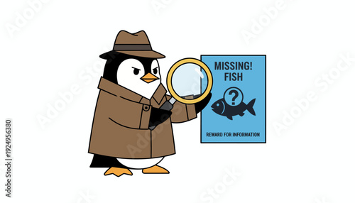 Penguin Detective Investigating Missing Fish Case with Magnifying Glass.
