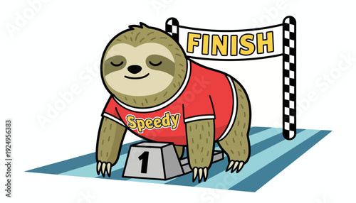 Sloth at starting line ready for a race competition.