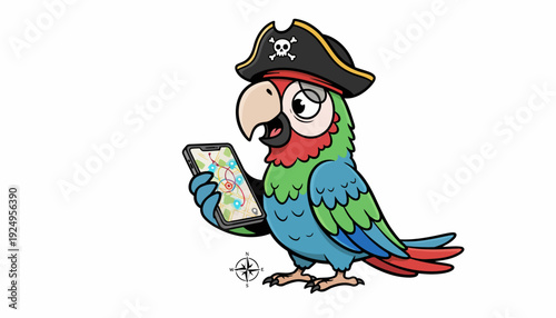 Colorful Pirate Parrot Holding Smartphone with Treasure Map.