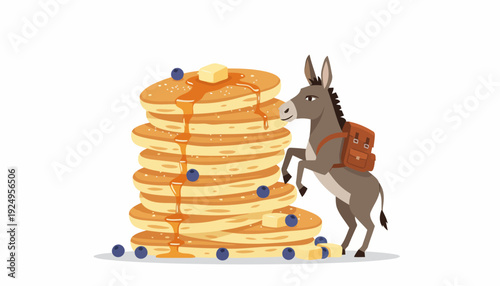Donkey with backpack looking at a stack of pancakes.