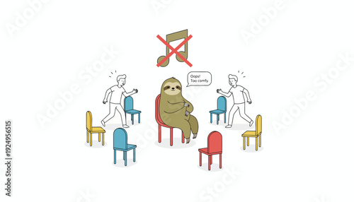 Sloth playing musical chairs with people in a circle.