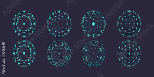 Abstract geometric shapes resembling eggs constructed from glowing blue lines