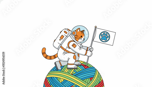Astronaut Cat Planting Flag on Yarn Ball Creative Illustration.