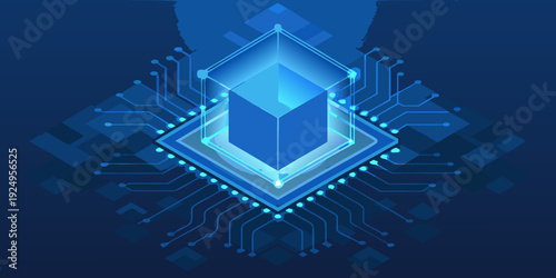 Abstract blue geometric shape with circuit board elements and glowing effects