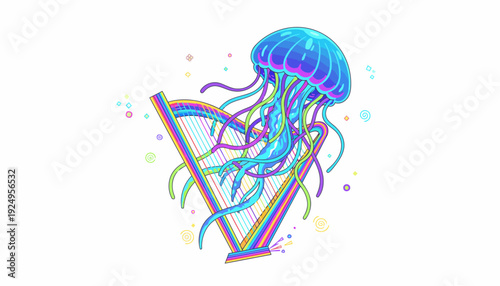 Vibrant Jellyfish Harp Fusion Artwork.