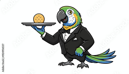 Elegant Parrot Butler Serving a Delicious Cookie on a Silver Tray.