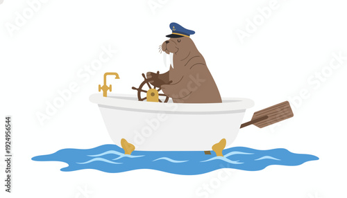 Funny Beaver Captain Steering Bathtub Boat with Oar and Faucet.