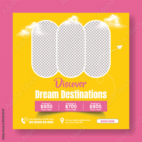 Contemporary travel agency travel advertising template with hotel resort online booking flight ticket tour package summer holiday vacation tourism promotion square flyer poster for social media posts