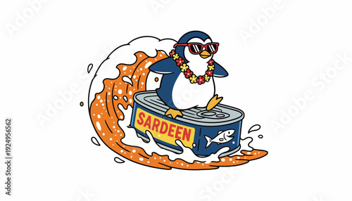 Cool Penguin Surfing on Sardine Can Wears Sunglasses and Hawaiian Lei.