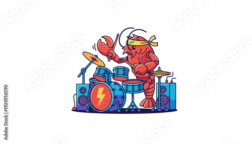 Cool Lobster Rock Drummer Playing Music with Drum Kit.