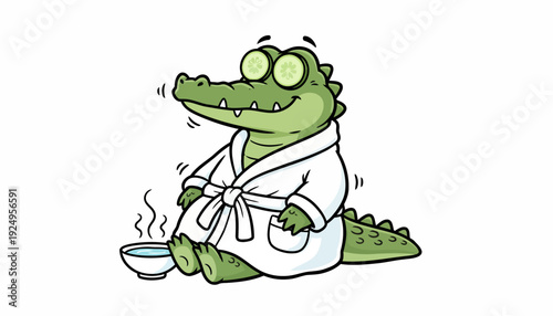 Relaxing Alligator in Robe with Cucumber Slices on Eyes Enjoying Spa Treatment.